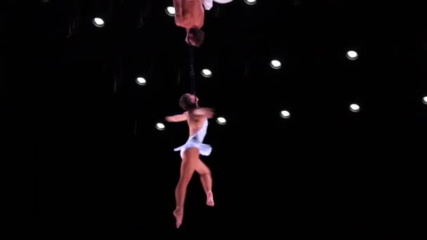 Aerial Silk Duo Circus Artist White Costume Black Stage Background — Stock Video