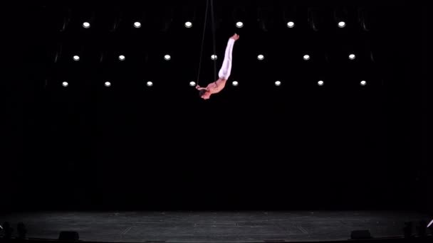 Male Muscular Acrobat Aerial Straps Black Background Performing One Arm — Stock Video