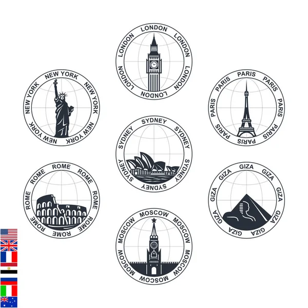 Sights Some Cities World Set Stamps White Background — Stock Vector
