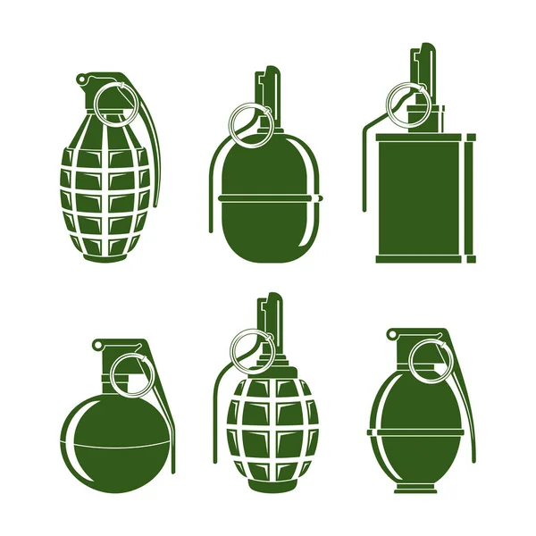 白い背景に様々な戦闘手榴弾のシルエット — ストックベクタ