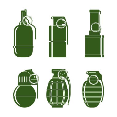 Green silhouettes of various combat grenades. Set on a white background.