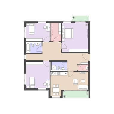 İki banyolu, bir balkonlu ve bir lojmanlı soyut mobilyalı bir daire planı..