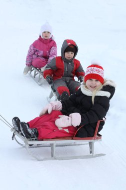 Kar parkındaki kışlık paltolu çocuklar kızaklara biniyor.