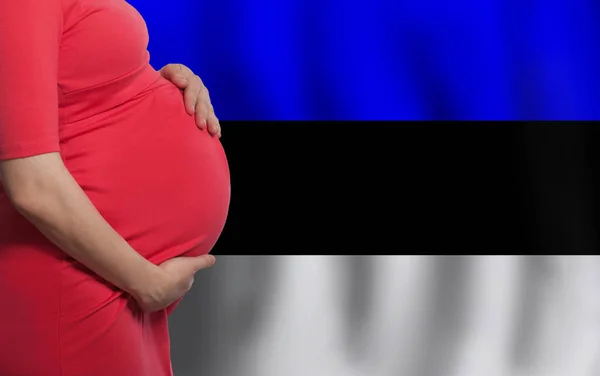 Estońska Ciężarna Pani Brzuch Tle Estońskiej Flagi — Zdjęcie stockowe