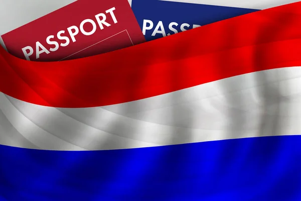 Netherlands flag background and passport of Netherlands. Citizenship, official legal immigration, visa, business and travel concept.