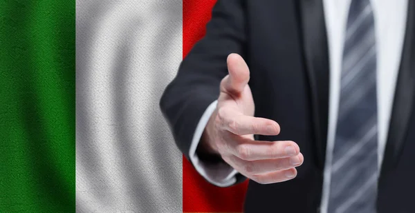 Italienska Företag Politik Samarbete Och Resor Koncept Hand Flagga Italien — Stockfoto