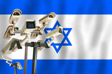 İsrail güvenlik, güvenlik, kontrol ve totaliterlik kavramının bayrağında İsrail CCTV kamerası