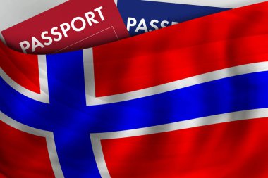 Norveç bayrağı ve Norveç pasaportu. Vatandaşlık, resmi yasal göç, vize, iş ve seyahat kavramı. 