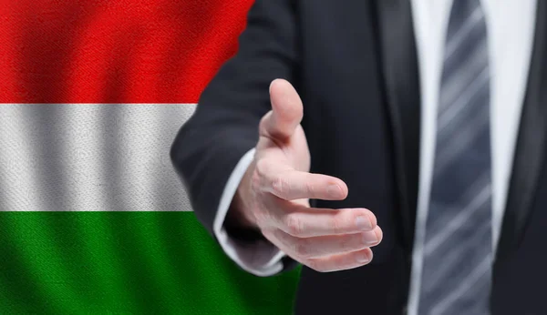 Affari Ungheresi Politica Cooperazione Concetto Viaggio Mano Sulla Bandiera Ungheria — Foto Stock