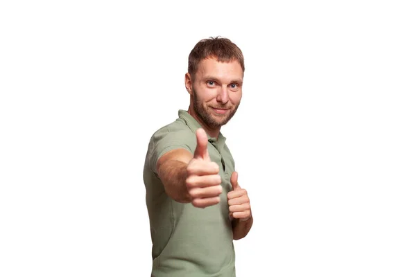 Portrait Adult Man Green Shirt Showing Thumb Camera Isolated White — Stock Photo, Image