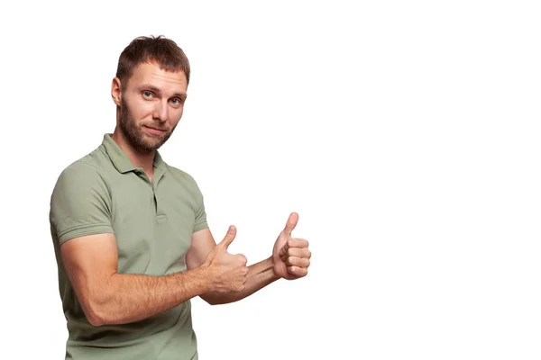 Portrait Adult Man Green Shirt Showing Thumb Isolated White — Stock Photo, Image