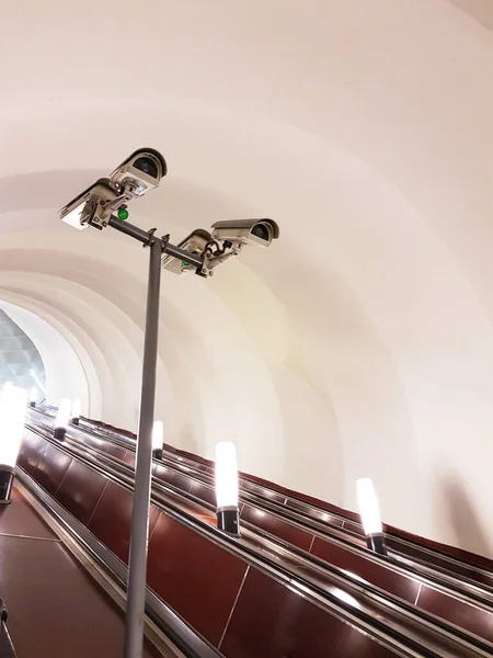 Four Cameras Underground Subway Station Escalator Security Concept — Stock Photo, Image