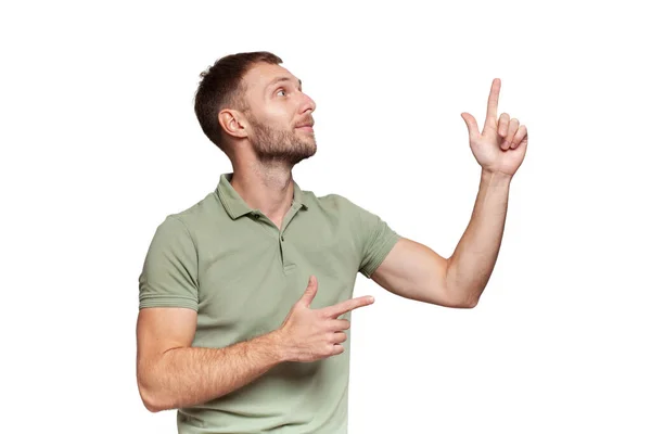 Exited Confident Adult Man Green Shirt Pointing Right Isolated White — Stock Photo, Image
