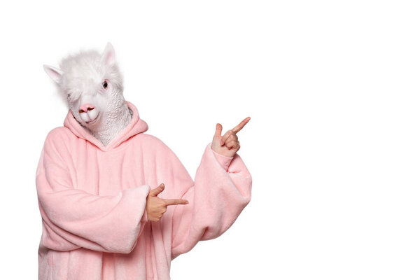 Portrait of creative person in pink hoodie with lama mask pointing up isolated on white