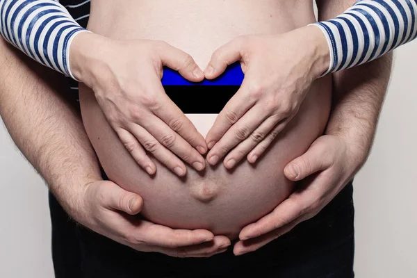 爱沙尼亚家庭概念 男子抱着身披爱沙尼亚国旗的孕妇的肚子和心脏进行特写 — 图库照片