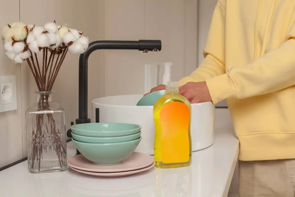 Bottle Dishwashing Liquid Blank Label Kitchen Sink Man Washing Hands — Stock Photo, Image