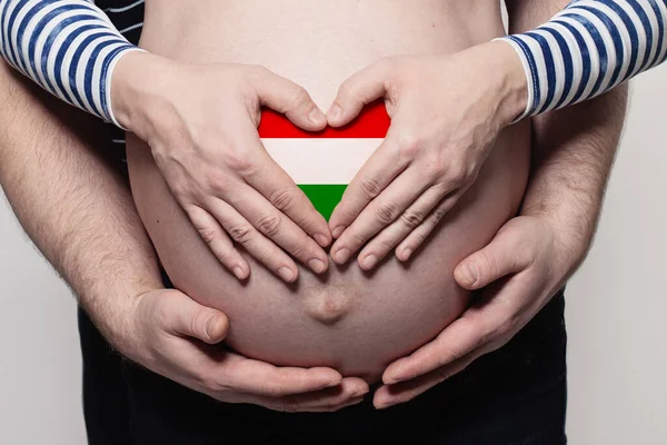 Hungarian Family Concept Man Embracing Pregnant Woman Belly Heart Flag — Stock Photo, Image