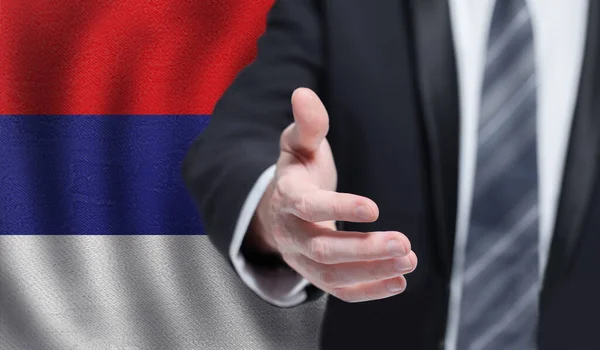 Serbian Business Politics Cooperation Travel Concept Hand Flag Serbia Background —  Fotos de Stock