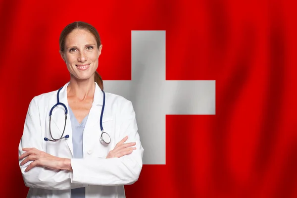 Swiss general practitioner doctor gp on the flag of Switzerland