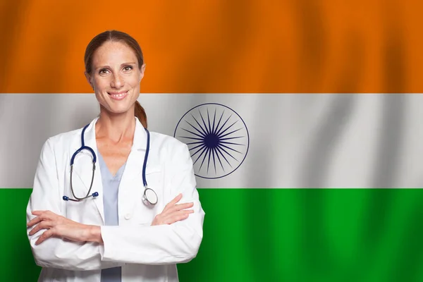 Indian general practitioner doctor gp on the flag of India
