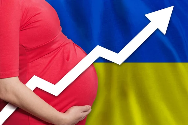 Closeup Pregnant Woman Flag Ukraine Background Birth Rate Ukraine — Stock Photo, Image