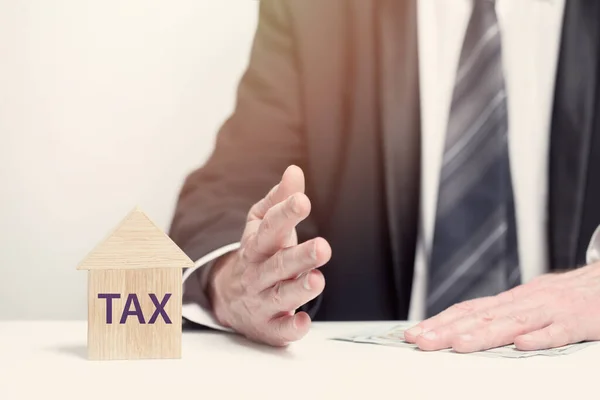 Casa Legno Con Word Tax Business Tax Concept — Foto Stock