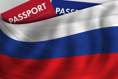 Rus bayrağı geçmişi ve Rusya pasaportu. Vatandaşlık, resmi yasal göç, vize, iş ve seyahat kavramı. 
