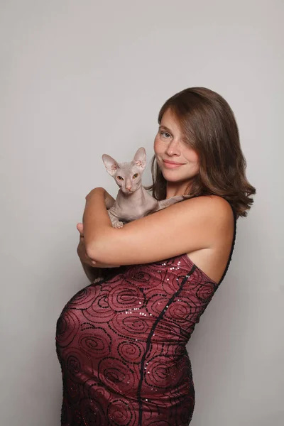 Szczęśliwy Ciąży Kobieta Kot Właściciel Białym Tle — Zdjęcie stockowe