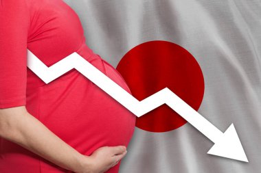 Japanese pregnant woman on Japanese flag background. Falling fertility rate in Japan clipart