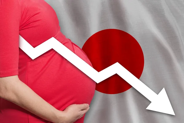 Japanese pregnant woman on Japanese flag background. Falling fertility rate in Japan