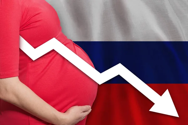 Russian pregnant woman on Russian flag background. Falling fertility rate in Russian Federation