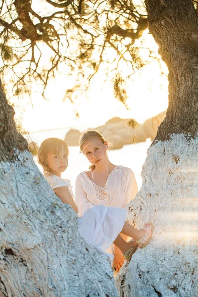 白い服を着た二人の姉妹 子供と十代の女の子が日当たりの良い公園の背景に木の上に座って — ストック写真