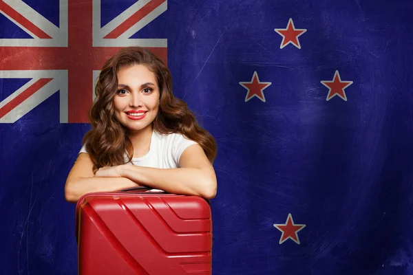 Travel New Zealand Concept Happy Woman Suitcase Flag New Zeland — Stock Photo, Image