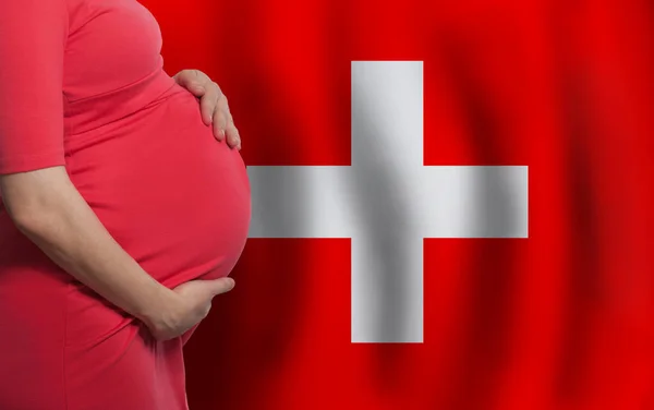 Pregnant Woman Belly Swiss Flag Background — Stock Photo, Image