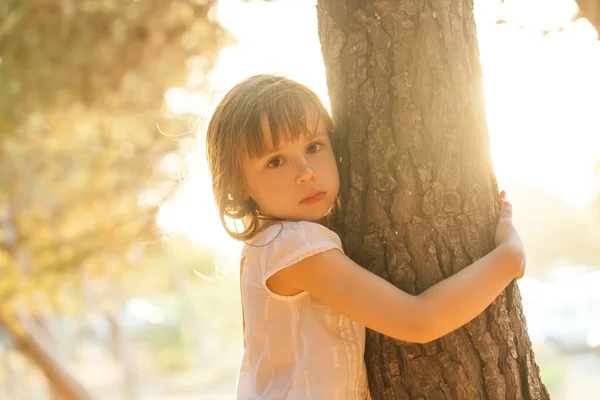 在公园的背景下 小女孩抱着树的画像 — 图库照片