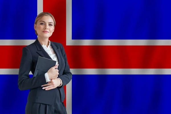 Icelandic Businesswoman Flag Iceland Digital Nomad Business Startup Concept — Stock Photo, Image