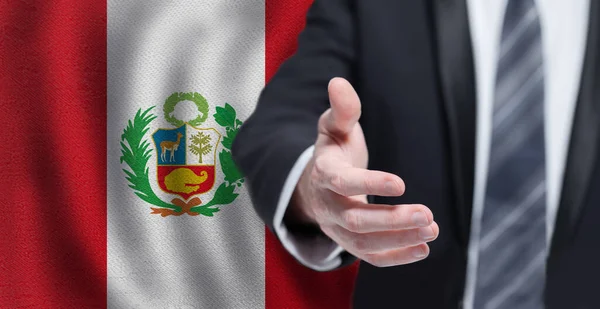 Negocios Peruanos Política Cooperación Concepto Viajes Mano Sobre Bandera Perú — Foto de Stock