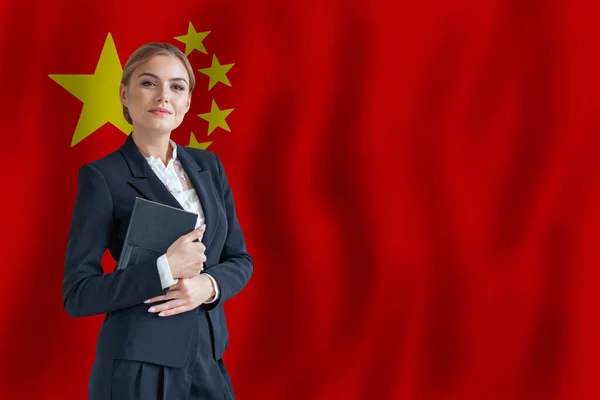 Китайська Бізнесменка Прапорі Китайського Цифрового Кочівника Бізнес Концепція Стартапу — стокове фото