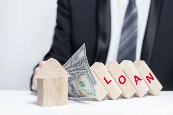 Wooden Blocks Red Word Loan Wooden House Model Businessman Holding — Stock Photo, Image