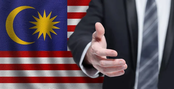 Malezyjski Biznes Polityka Współpraca Koncepcja Podróży Ręka Flagę Malezji Tle — Zdjęcie stockowe