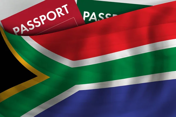 South Africa flag background and passport of South African Republic. Citizenship, official legal immigration, visa, business and travel concept.