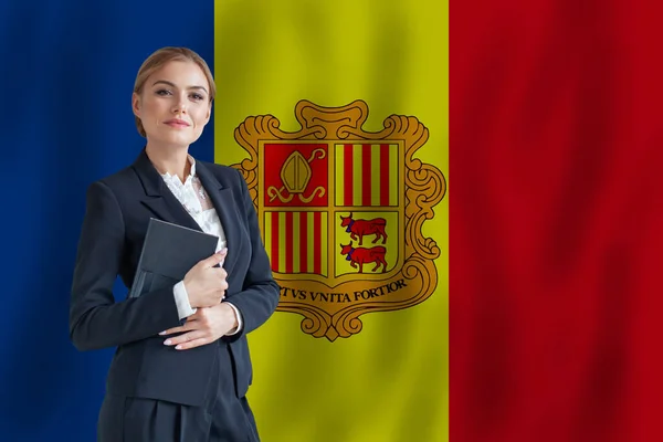 stock image Andorran businesswoman on the flag of Andorra digital  nomad, business, startup concept