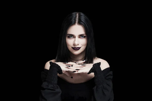 Perfect Soothsayer Woman Black Hair Lips Nails Looking Camera Black Stock Picture