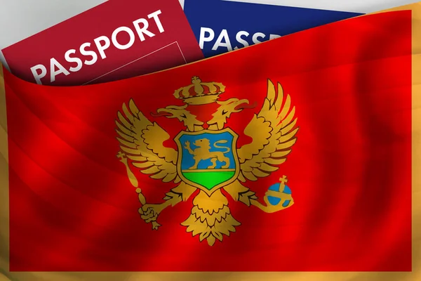 モンテネグリンの旗とモンテネグロのパスポート 市民権 正式な法的移民 ビジネス 旅行コンセプト — ストック写真