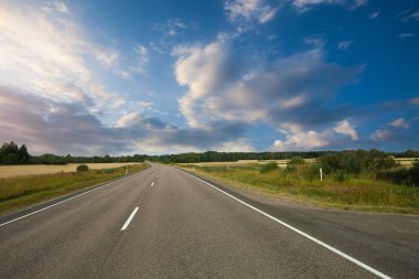 Alanlar, ağaçlar ve mavi gökyüzü ve bulutlar olan yol. Güneş gün.