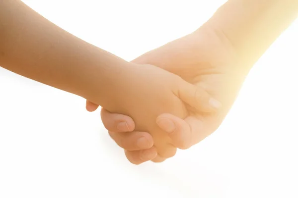 Barn Och Förälder Händer Ljus Bakgrund Hjälp Skydd Familjebegrepp — Stockfoto