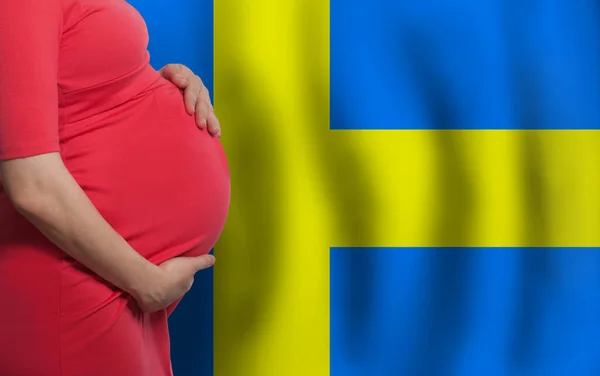 Swedish pregnant woman belly on Swedish flag background