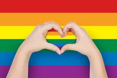 Kadın ellerinde LGBT bayrağı olan kalp.