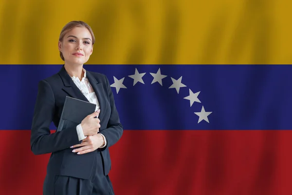 Mujer Negocios Venezolana Bandera Venezuela Digital Nomad Business Startup Concept —  Fotos de Stock