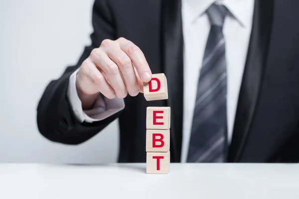 Blocos Madeira Com Dívida Palavra Empréstimo Comercial Crédito Conceito Hipoteca — Fotografia de Stock